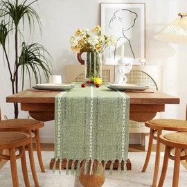 LOMOHOO Rustic Linen Table Runner with Handmade Tassel Embroidered Farmhouse Style Sage Green Table Runners 72 inches Long for Holiday Party Dining Table Wedding Decorations 183x33cm