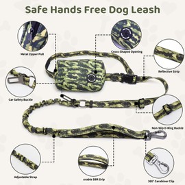 COSOWO Hands Free Dual Handle Retractable Bungee Leash with Reflective Trim, Adjustable Waist Belt for Dog Walking, Running, Hiking - Durable Nylon Leash for Medium Large Dogs, Military Green