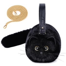 Furry Cat Purse, Kitty Purse, Kitty Cat Bag, Cat Shaped Shoulder Handbag, for Women and for Girls, Black, Cute