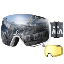 OutdoorMaster Heron Ski Goggles with 2 Lens, Frameless, Magnetic Interchangeable HD Toric Lens, OTG Snowboard Goggles(WhiteFrame Silver Vlt 10% + YellowLens)