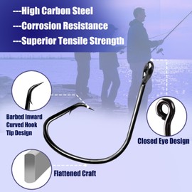 Natufish Fishing Circle Hooks 50Pcs Offset Fish Hook Saltwater,Barbed Live Bait Hooks Black Nickel/Wide Gap for Catfish Striped Bass