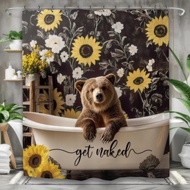 Yookeb Funny Bear Bathroom Shower Curtain 71W by 71H Inch Rustic Farmhouse Sunflower Get Naked Animal Hilarious Polyester Fabric 12 Plastic Hooks Waterproof Decor