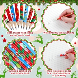 Nezyo 101 Pcs Christmas Pencils with Eraser Christmas Pencils Bulk for Kid Xmas Pencil with Santa Snowman Claus Christmas Tree and Snowflake Holiday Pencil for Stocking Stuffers Christmas Party Gift