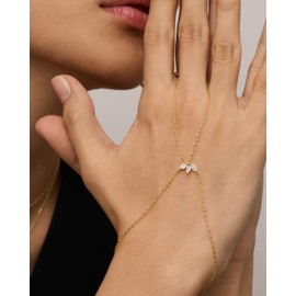 PAVOI 14K Yellow Gold Plated Cubic Zirconia Lotus Hand Chain Bracelet for Women | Dainty Marquise CZ Bracelet and Ring Chain Body Jewelry