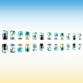 Summer Press on Nails Medium Square Fake Nails with Green Coconut Tree Design Glossy Glue on Nails Blue Sky White Clouds False Nails Acrylic Full Cover Stick on Nails for Women 24Pcs