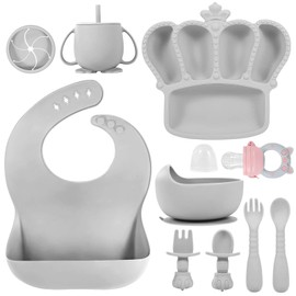 Silicone Baby Feeding Set 10 Pcs Baby Led Weaning Supplies Suction Bowl Divided Plate Baby Bibs Fruit feeder Pacifier Baby Spoons Forks Sippy Cup Utensil Sets Baby Essentials for Newborn Grey