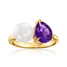 Ross-Simons 7-7.5mm Cultured Pearl and 1.80 Carat Amethyst Toi Et Moi Ring in 18kt Gold Over Sterling. Size 8