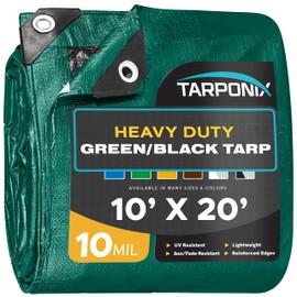 Tarponix 10' x 20' Dual-Sided Heavy-Duty Tarp – 10 Mil Tear-Resistant Green & Black Cover with Reinforced Edges and Anti-Rust Grommets