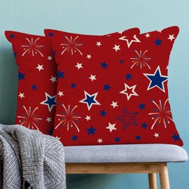 4th of July Pillow Covers 18x18, Red Memorial Day Patriotic Outdoor Decorative Throw Pillows for Couch, Blue White Star Decor Cushion Cover 2 Pcs American Flag Linen Pillowcase for Bed Car Safa