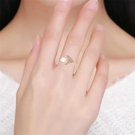 Hifunny Mermaid Tail Ring Vintage Pearl Zircon Fish Tail Open Ring Women Men Adjustable Jewelry Gifts (Rose)