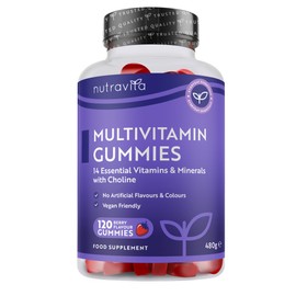 Nutravita Vegan Multivitamin Gummies for Women & Men – 120 Berry Flavour Chewable Adult Multivitamins (4 Month Supply) Daily Supplement with 14 Vitamins & Minerals incl. Vitamin C D3 B12 Biotin Zinc