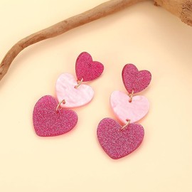 2 Pairs Heart Earrings Glitter Earrings Cute Love Dangling Heart Earrings Lightweight Acrylic Earrings for Women (Hot Pink, One size)