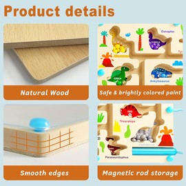 Cawtiuly Magnetic Color and Number Maze, Montessori Fine Motor Skills Toys for Boys Girls 3+, Wooden Color Matching Learning Counting Puzzle Board Games (Colorful Dinosaurs)