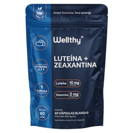 Wellthy Luteína y Zeaxantina 60 Cápsulas Blandas 10mg y 2 mg. Reforzado con Vitamina C, Vitamina E, Zinc, Astaxantina, y MCT. Solo Una Cápsula al día,