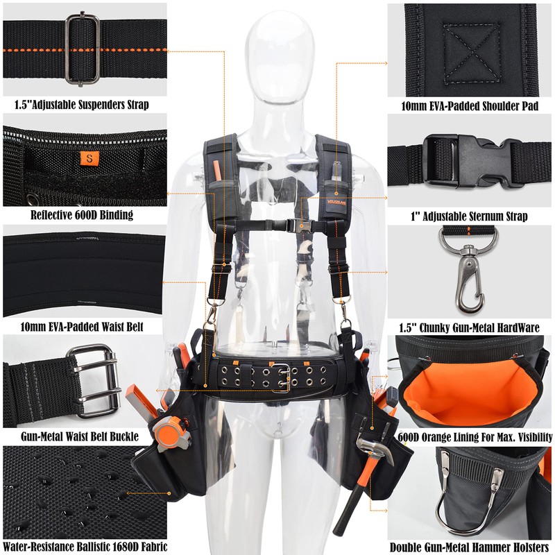 WELKINLAND 39Pockets Tool Belts for Men with Suspenders, 4" Padded