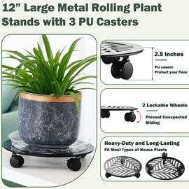 5 Packs Large Metal Plant Caddy with PU Wheels 12" Heavy-Duty Wrought Iron Rolling Plant Stands Indoor Outdoor Wheeled Plant Dolly Planter Mover Rollers Plant, Leaf Style