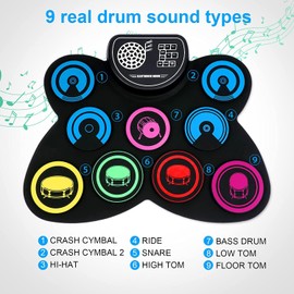 Upgraded Electric Drum Set, 9 Drum Practice Pad, Roll-up Electronic Drum Pad Machine With Headphone Jack Built-in Speaker Drum Sticks Foot Pedals, Great Holiday Xmas Birthday Gift for Kids