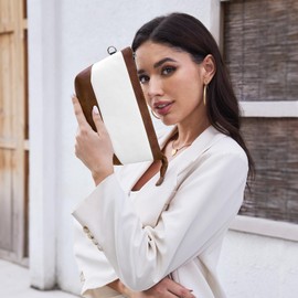 Vulkitty Wristlet Handbag Vegan Leather for Women with Detachable Wristlet and Keychain, Zipper Closure, Large Main Compartment with inner 6 Card Slots and a Zip Pocket, White and Brown