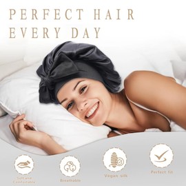 Khxriypha Silk Bonnet for Sleeping Women - Adjustable Hair Bonnet for Curly & Natural Hair, Satin Bonnet with Tie Band, Breathable Night Cap for Hair Protection, Black