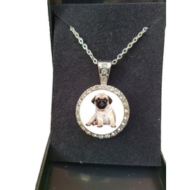 Pug Dog Pet Family Silver Colour Necklace With Diamante Pendant And Gift Box