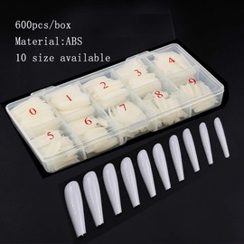600pcs Long Coffin Fake Nails - Full Cover Natural Ballerina False Nail Acrylic Nail Tips with Case, Artificial Nails10 Sizes for Nail Salons and DIY Manicure