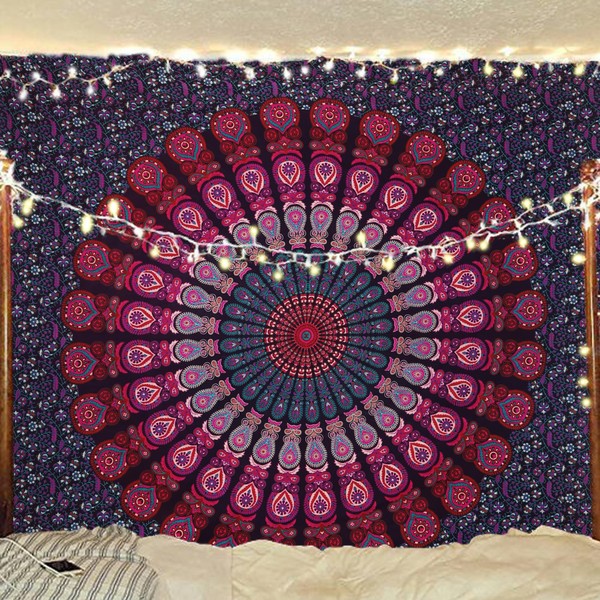 Bless International Indian hippie Bohemian Psychedelic Peacock Mandala Wall hanging Bedding Tapestry (Purple Pink, Queen (84x90Inches)(215x230Cms))