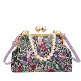 JANLOVE Vintage Floral Pearl Chain Embroidered Purse for Women, Retro Flower Crossbody Kiss lock Closure Bag Handbag