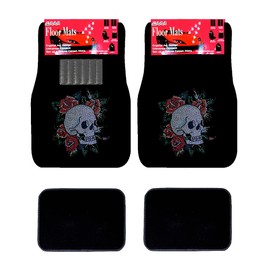 Universal Fit Car Truck Front/Rear 4-Piece Full Set Crystal Bling Rhinestone Design Studded Black Carpet Floor Mats (Happy Skull-Black)