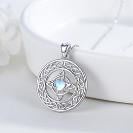 MOPOPOK Celtic Knot Necklace 925 Sterling Silver Witches Knot Necklace Moonstone Pendant Necklace Celtic Jewelry Irish Gifts for Women, Sterling Silver, Moonstone