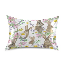 KEEPREAL Beautiful Flowers Bunny Satin Pillowcase for Hair and Skin Silk Pillowcase - Satin Pillow Covers with Envelope Closure, Standard Size(20x26 inches) - Easter Decoration