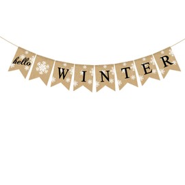 Jute Burlap Hello Winter Banner Snowflake Christmas Holiday Mantel Fireplace Bunting Garland Decoration