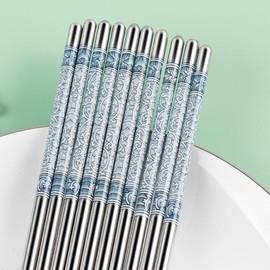 10 Pairs Stainless Steel Chopsticks Dishwasher Safe - 22.4cm/8.82'' Reusable Metal Non-slip Chopstick, Blue & White Pattern Chinese Style Chop Sticks