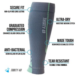 Thirty48 - "The Sock Geeks", Cp Series Calf/Shin Splint Guard Graduated Compression Sleeves-Sock; 1 Pair,Gray/Green ,Small