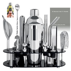 Cocktail Shaker Set Bartender Kit with Stand - 16 Piece Bar Tool Set Drink Mixer Set Includes : 25oz Shakers, Jigger, Strainer, Mixer Spoon, Muddler, Liquor Pourers, Straw (Silver)