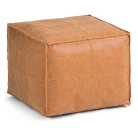 SIMPLIHOME Brody Square Pouf, Footstool, Upholstered in Distressed Brown Faux Leather, for the Living Room, Bedroom and Kids Room, Transitional, Modern