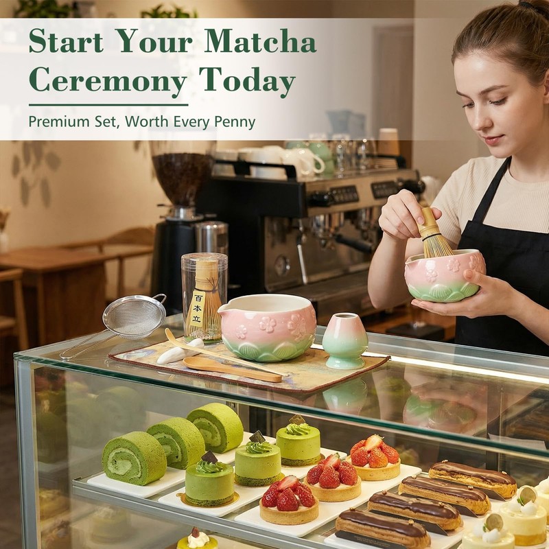 Mint Pink 8Pcs Matcha Whisk & Bowl Starter Kit Microwave