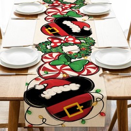 Croar Christmas Cartoon Mouse Table Runner, Xmas Wreath Peppermint Candy Kitchen Dining Table Decoration, Funny Holiday Winter Burlap Indoor Outdoor Home Decor Party Supply 13 x 36 Inches