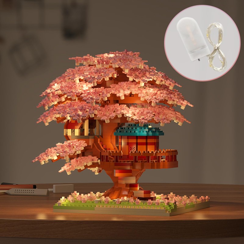 Pink Cherry Blossom Tree House Micro Blocks Model, Building Blocks
