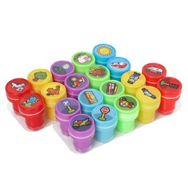 Assorted Kids Stamps - Self Inking with Designs, Toddler & Holiday Themed, Birthday Gift & Party Favor, Carnival Prizes (10 Traffic & 10 Farmers)