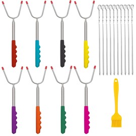 Barbecue Forks,Campfire Sticks,8 Telescopic Roasting Fork with 10 BBQ Skewers and Oil Brush,Extra Long 45-inch Smores Sticks,Marshmallow Roasting Sticks for Fire Pit, Camping, Bonfire and Grill