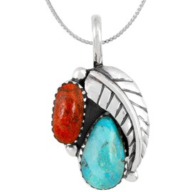 Turquoise & Coral Necklace 925 Sterling Silver Pendant & 20" Chain (Turquoise/Coral)