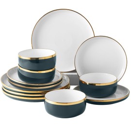 Pokini Porcelain Dinnerware Sets, 12 Piece Luxury China Plates and Bowls Sets, Green Dishes Set Gold Rim for Wedding Anniversary Birthday, Modern Dinner Plates Set