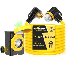 YOMILINK 50 Amp 25 Feet Generator Cord with Inlet Box Kit, Heavy Duty 6/3+8/1 AWG STW Wire, NEMA 14-50P to SS2-50R Twist Locking, Newly Designed 90 Degree Grip Handle for Generator to House