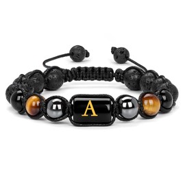 Vinswet Initial Beaded Bracelets for Men,8mm Tiger Eye Obsidian Hematite Triple Protection Bracelet, Natural Crystal, tiger eye