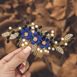 IYOU Flower Bridal Hair Comb Blue Crystal Wedding Slide Combs Pearl Party Bride Hair Pieces Accessories for Women