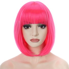 PORSMEER Short Straight Bob Wigs with Fringe for Women, Natural Synthetic Hair Wigs for Carnival / Fancy Dress and Theme Party Hot Pink