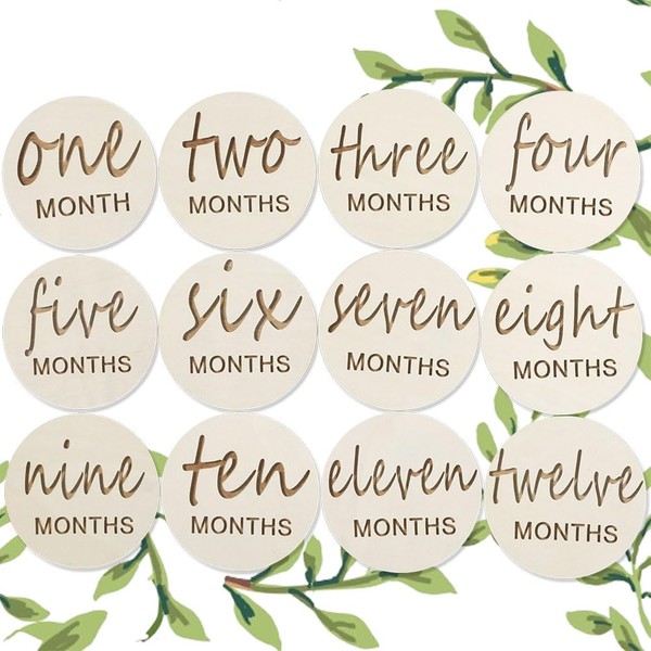 12 Packs Wooden Baby Monthly Milestone Cards, Baby Monthly Milestones for Newborn Baby Gifts,1-12 Months Wooden Discs with Baby Announcement Sign, Pregnancy Baby Shower Gifts for Christmas New Year