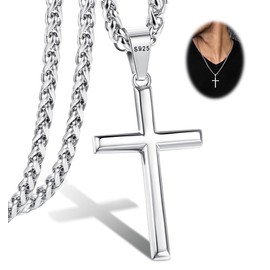 Kakonia 925 Sterling Silver Cross Pendant Necklace for Men Women with 3MM Stainless Steel Wheat Chain, Beveled Edge Crucifix, 16-28 Inches