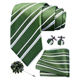 GUSLESON Striped Tie for Wedding Mens Olive Green White Necktie Pocket Square Cufflinks and Lapel Pin Brooch Set (6108-41)