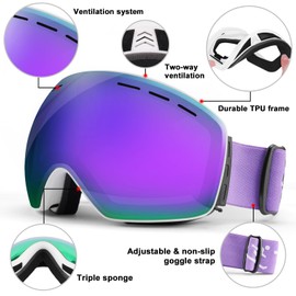 Trusiel Ski Goggles, Ski Goggles for Men and Women, Anti-Fog Ski Goggles OTG, Ski Goggles for Glasses Wearers, 400 UV Protection, Snow Goggles Compatible Helmet (Purple (VLT 27%))